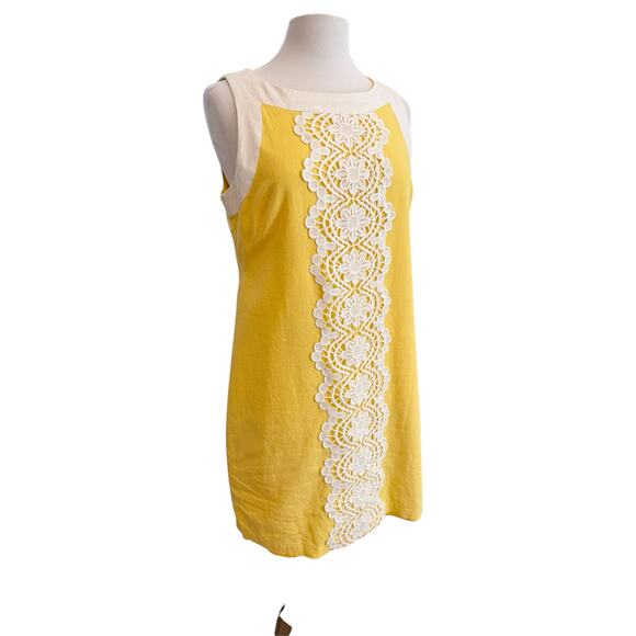 Jessica J Howard Sleeveless Linen Yellow White Shift Dress 12 Wide Lace Preppy - Picture 7 of 13